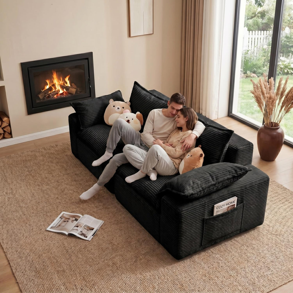 Black Corduroy Sectional Sofa Set