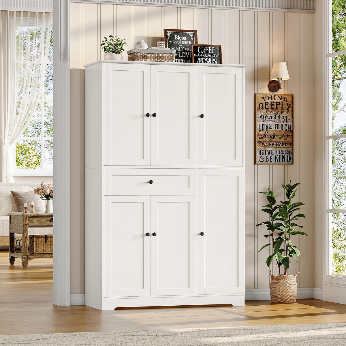 HOSTACK 68" Tall Kitchen Pantry Storage Cabinet with Doors & Shelves, White