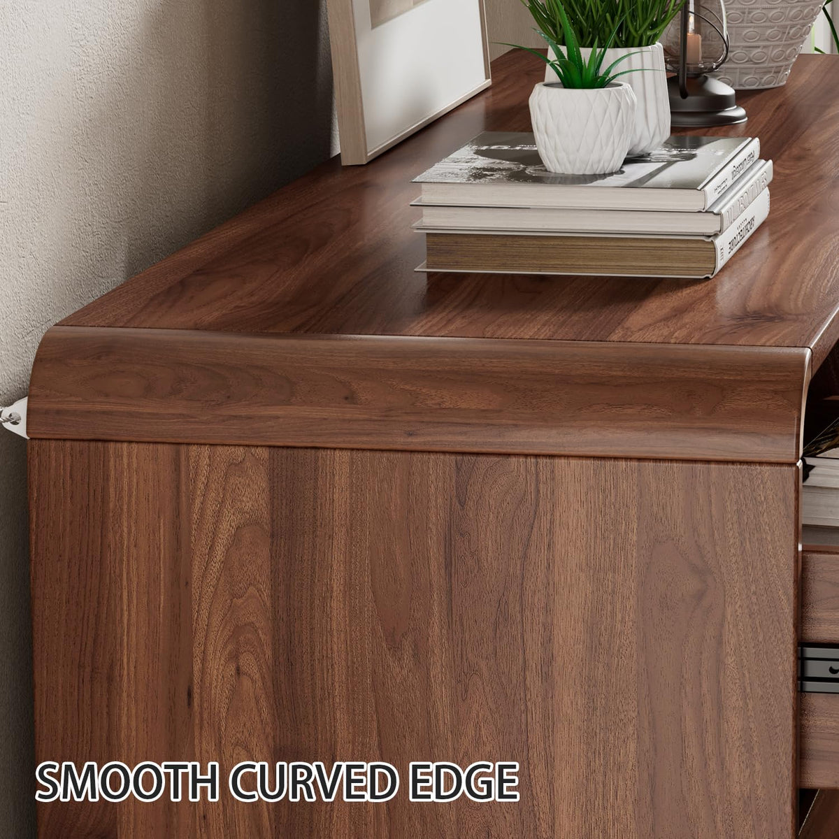 Ieejdn 47.2" Dresser with 6 Drawer, Wide Dresser with Recessed Glass Display & Silent Metal Rails, Handleless Chest of Drawers for Clothes, and Bedding, Walnut