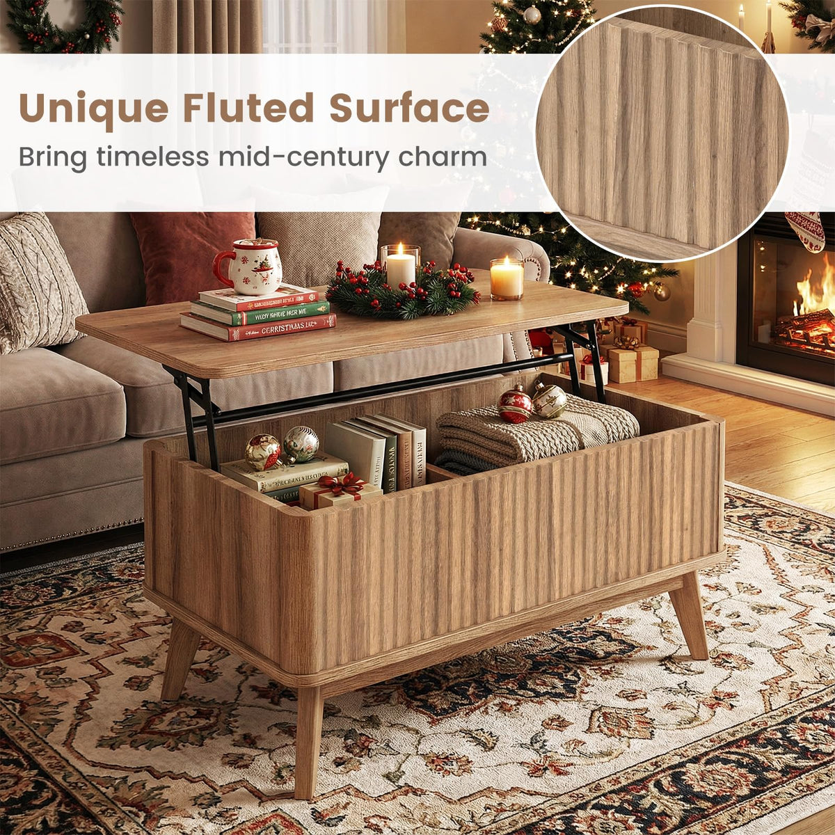 GIANTEX Lift Top Coffee Table with Storage, 35.5" Mid Century Modern Center Table with Solid Wood Leg & Hidden Compartment, Minimalist Fluted Living Room Table for Home Office, Oak