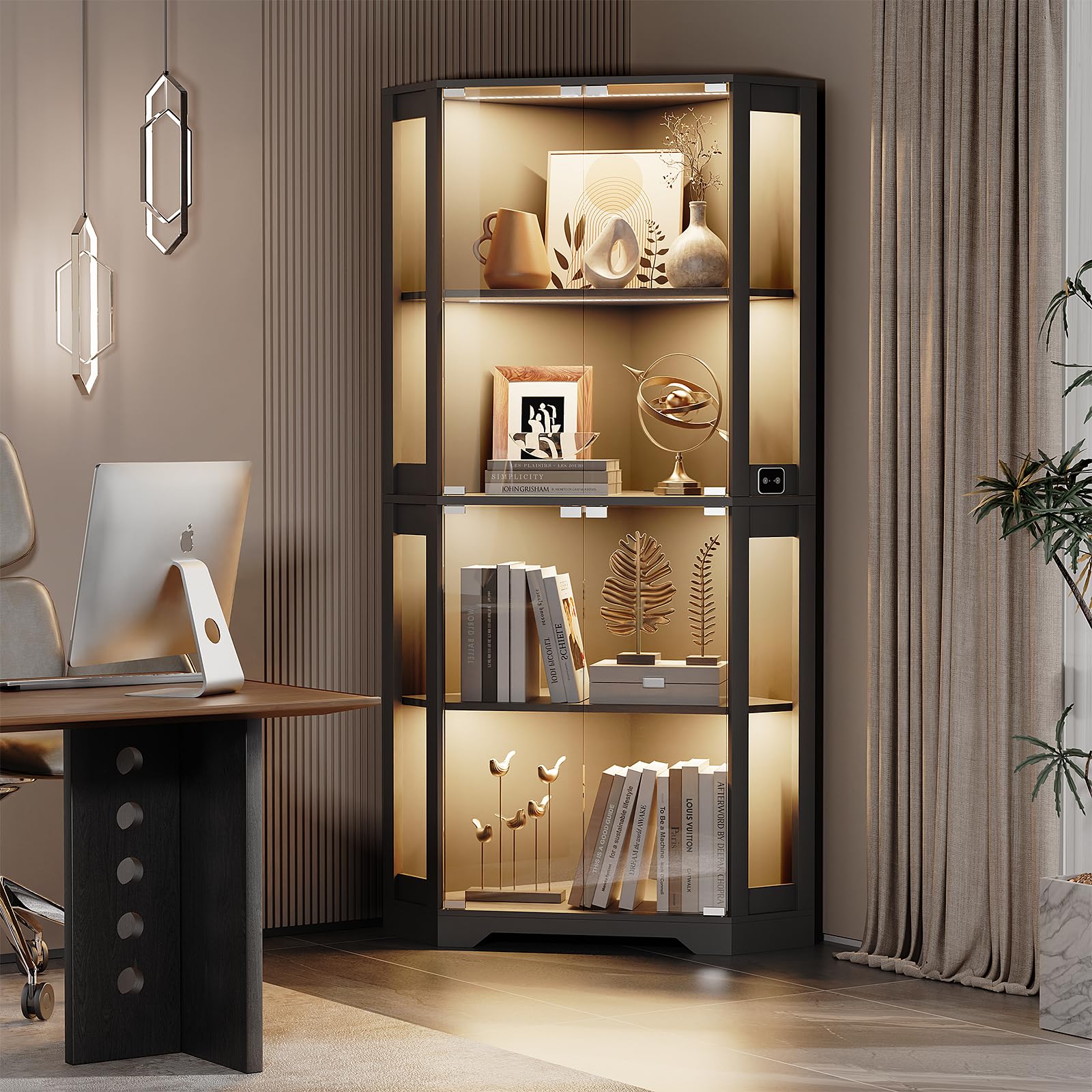 4-Tier Corner Glass Display Cabinet with LED Lights