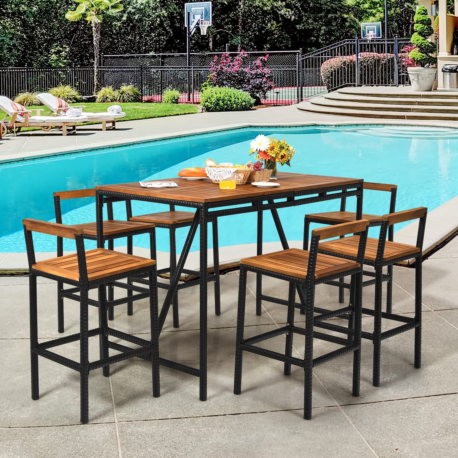 HAPPYGRILL 7 Piece Patio Bar Table Set with Umbrella Hole Acacia Wood High-Dining Bistro Set with 6 Bar Stools, PE Wicker Outdoor Bar Set for Backyard Patio and Poolside