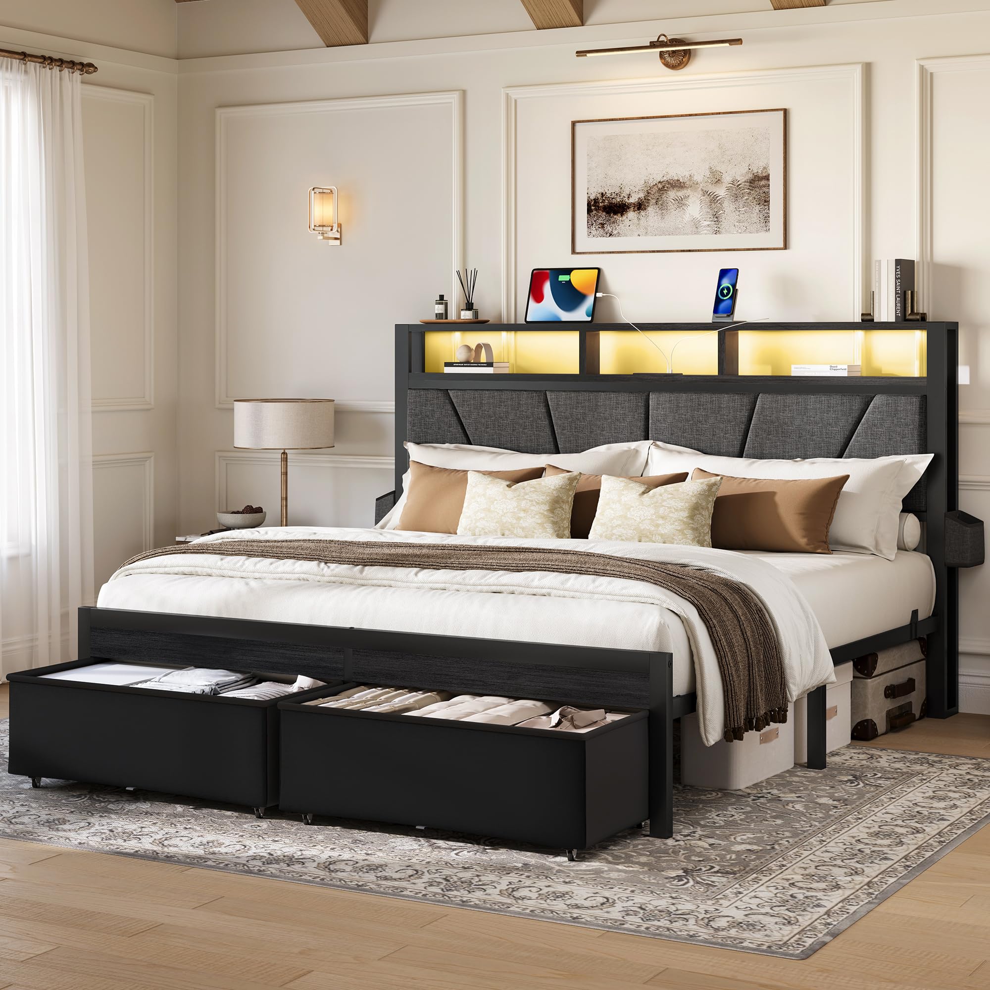 LARMACE Queen Size Bed Frame with 2 Storage Drawers, Upholstered Headboard, LED Light & Charging Station, Metal Platform Bed Frame, No Box Spring Needed, Easy Assembly, Black Oak