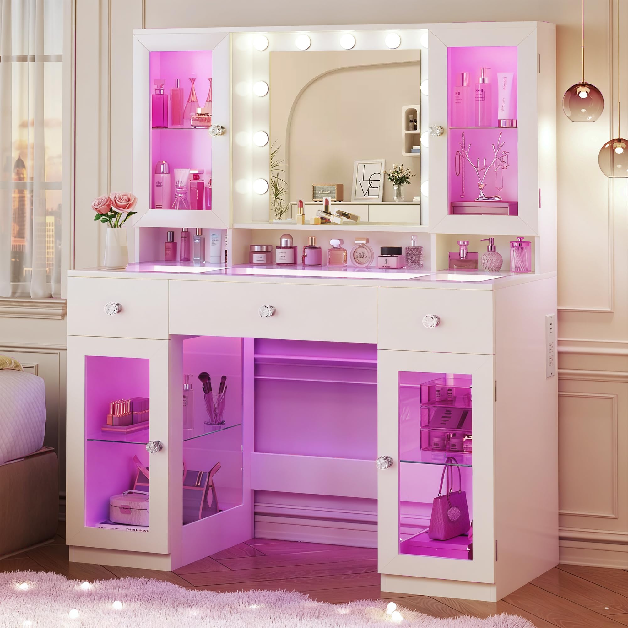 HUAHUU Vanity Desk with Mirror and RGB Lights, 43" Large Makeup Vanity with Glass Top, 4 Large Glass Cabinets, Power Outlet & 3 Drawers, 3 Colors Lighting Adjustable Brightness for Bedroom, White