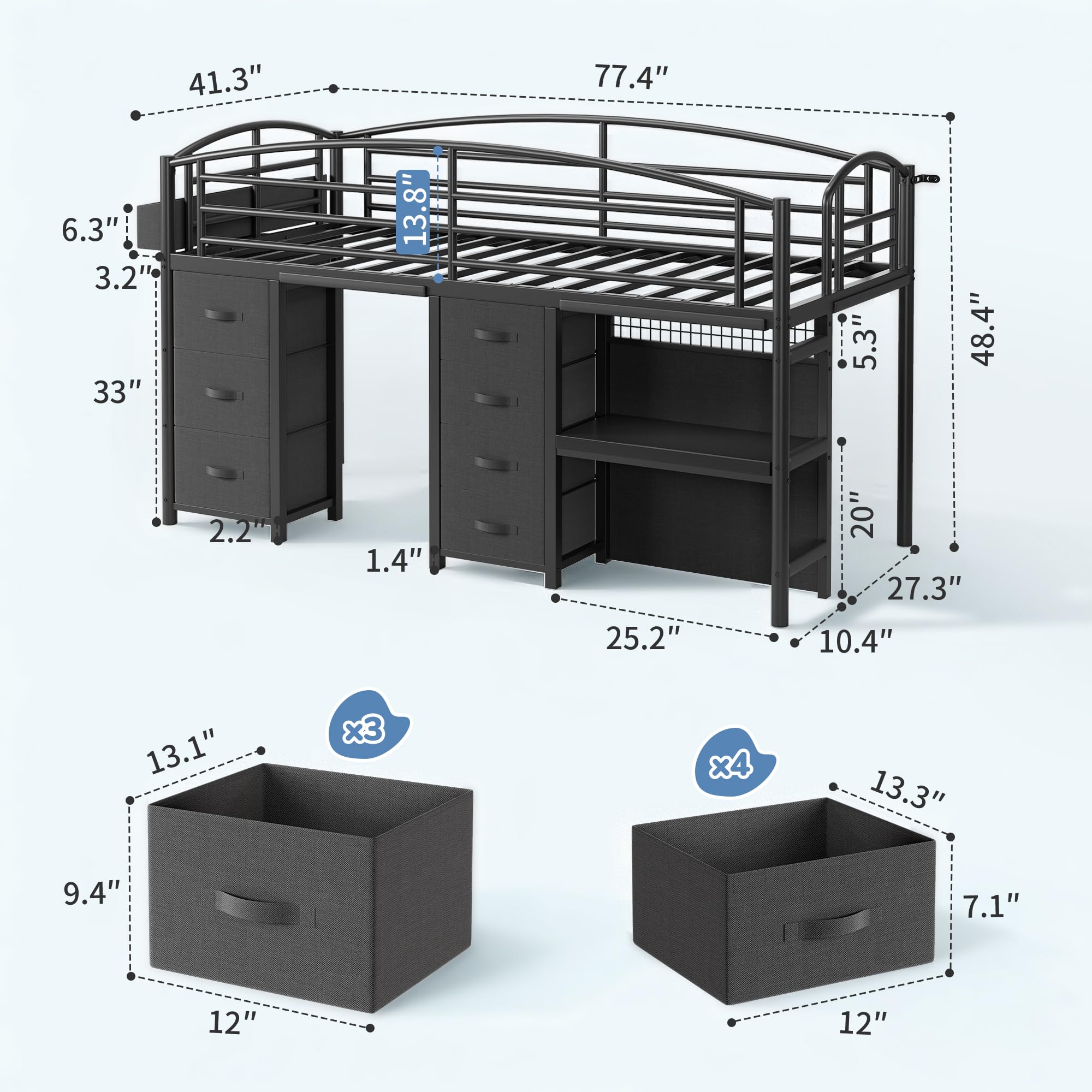 Low Loft Bed Twin Size with 7 Storage Drawers, Desk and LED Lights, Heavy Duty Metal Kids Loft Bed with 12" H Safety Guardrail, Anti-Collision Pad, Private Play Curtain, Under-Bed Play Space - Black