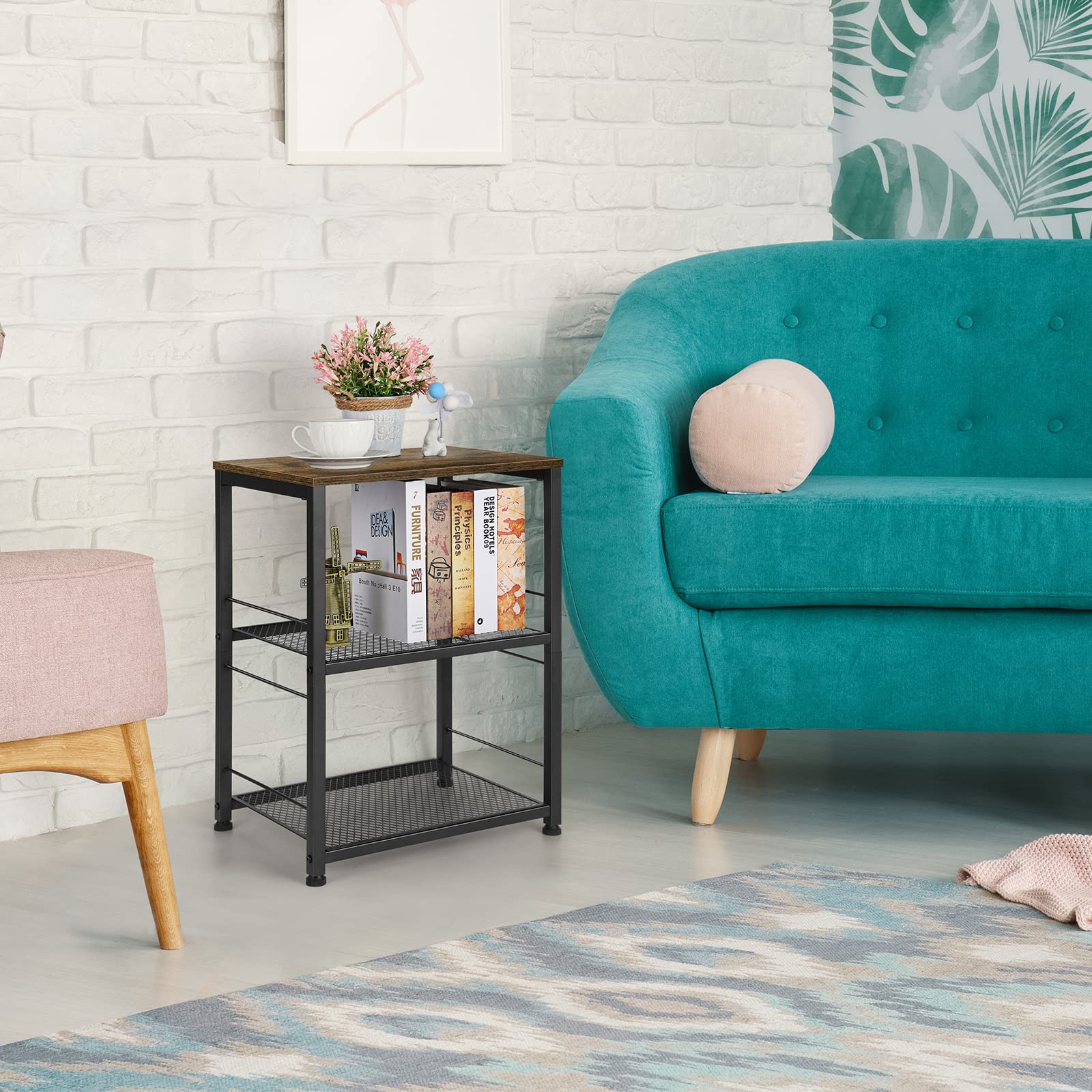OYEAL Small Nightstand Industrial Square End Table with Storage Shelf Farmhouse Sofa Side Table for Small Spaces, Narrow Bedside Table for Living Room Bedroom, Stable Metal Frame, Rustic Brown