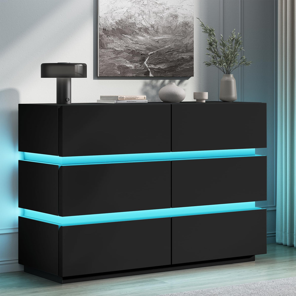 Jocoevol 6 Drawer Dresser with LED Lights, Modern Black Dresser for Bedroom