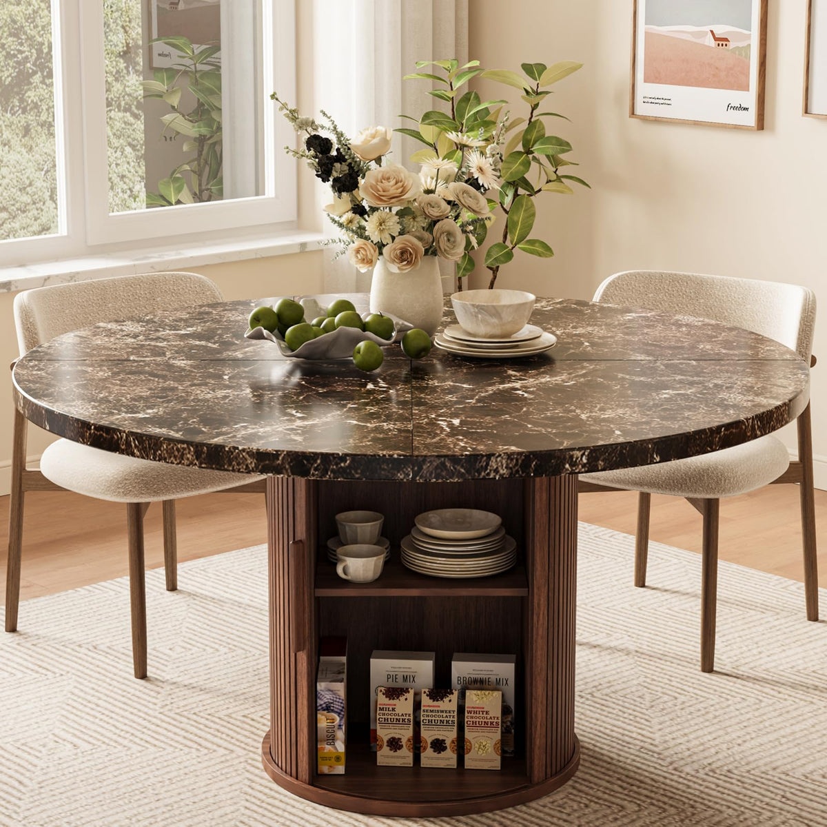 Round Faux Marble Dining Table with Storage