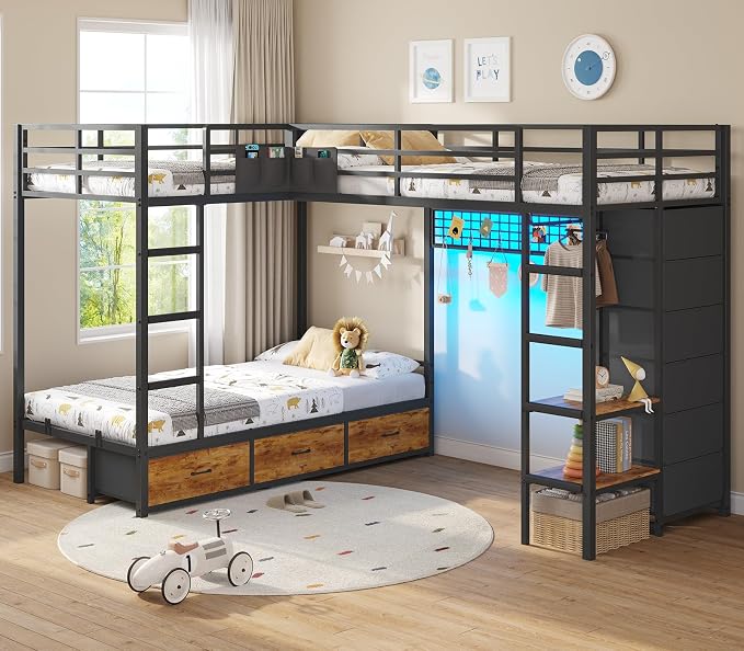L-Shaped Triple Bunk Bed with Storage & LED Lights