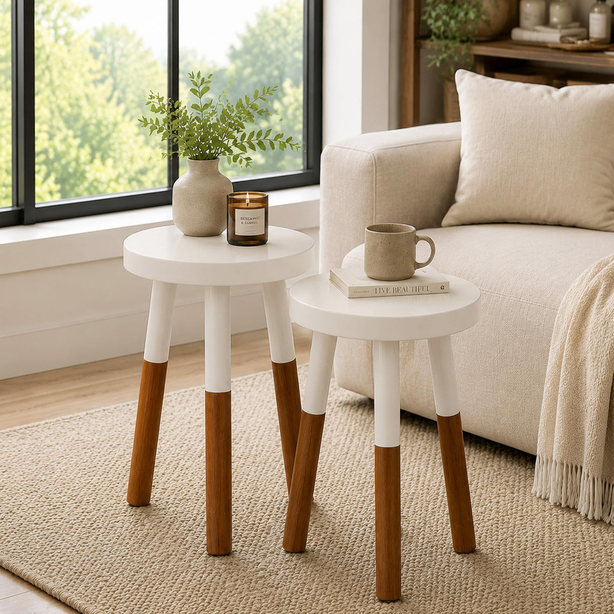 LitaEther Modern Side Table Set of 2, Solid Wood Accent Table,12" D x 12" W x 20" H & 12" D x 12" W x 18" H Small End Table for Living Room Bedroom, Plant Stand, Bathroom Stool, Pedestal Drink Table