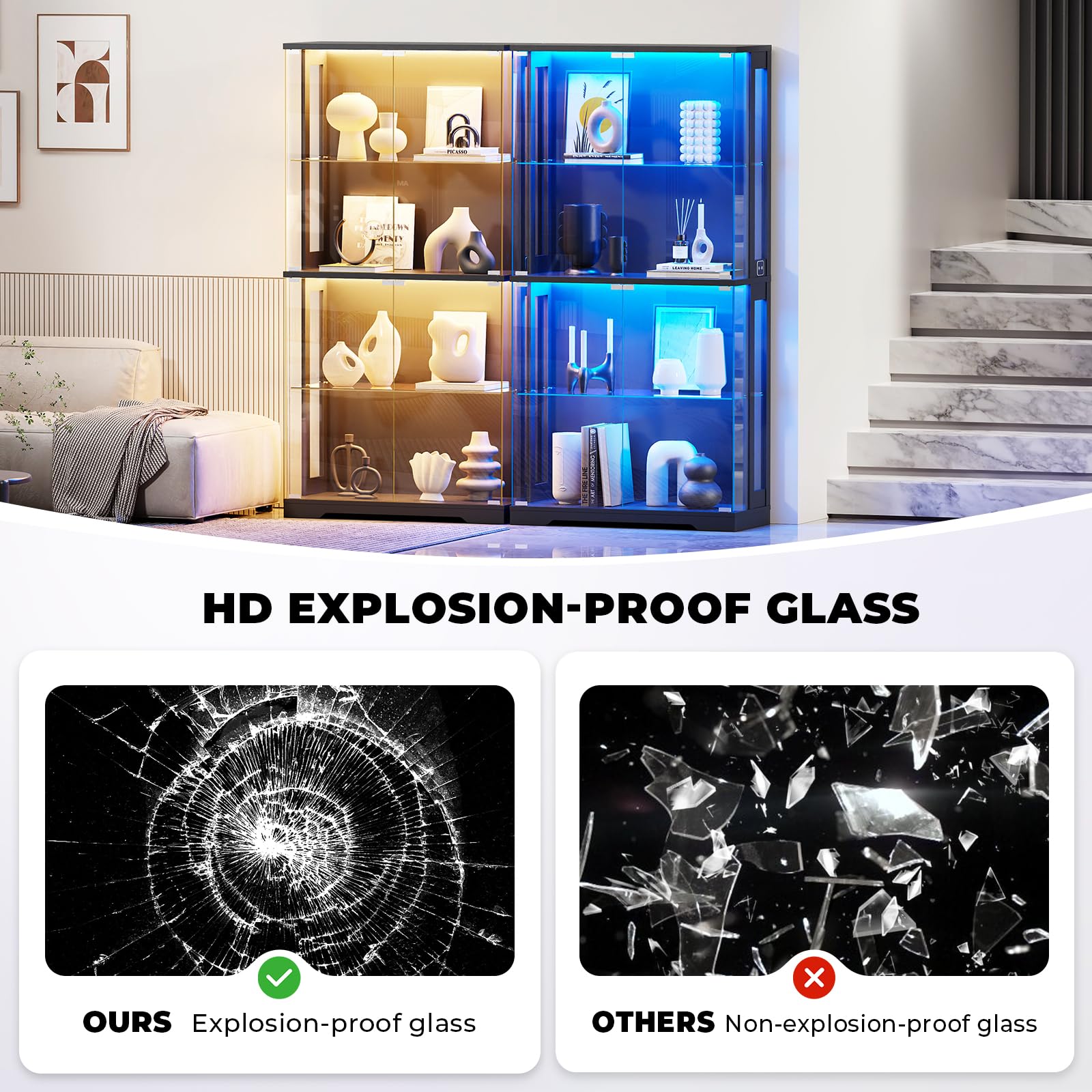 4-Tier Glass Display Cabinet with LED Lights & Human Sensor