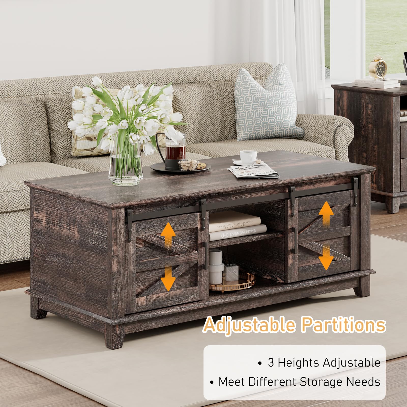 LUXOAK Farmhouse Table Set of 3, Coffee Table with Sliding Barn Doors, End Tables Set of 2 with Charging Station for Living Room & Bedroom, Sliding Barn Doors, 2 Tiers Storage Drawer, Dark Rustic Oak
