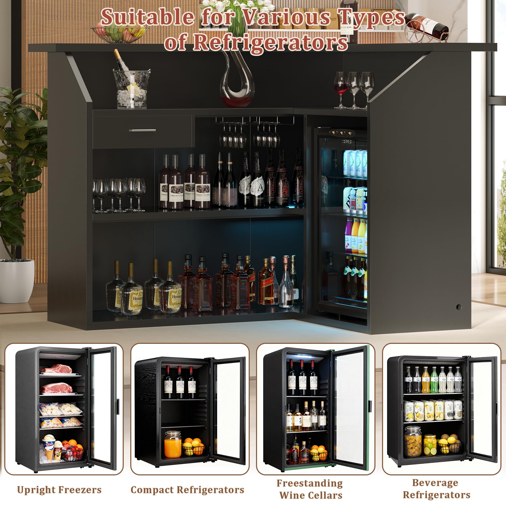 L-Shaped Home Bar Cabinet with Fridge Space, 4-Tier Corner Bar Cabinet with Glass Holder, Liquor Cabinet for Home with Led Lights, Power Outlets, Wine Cabinet for Living Room, Dining Room, Basement
