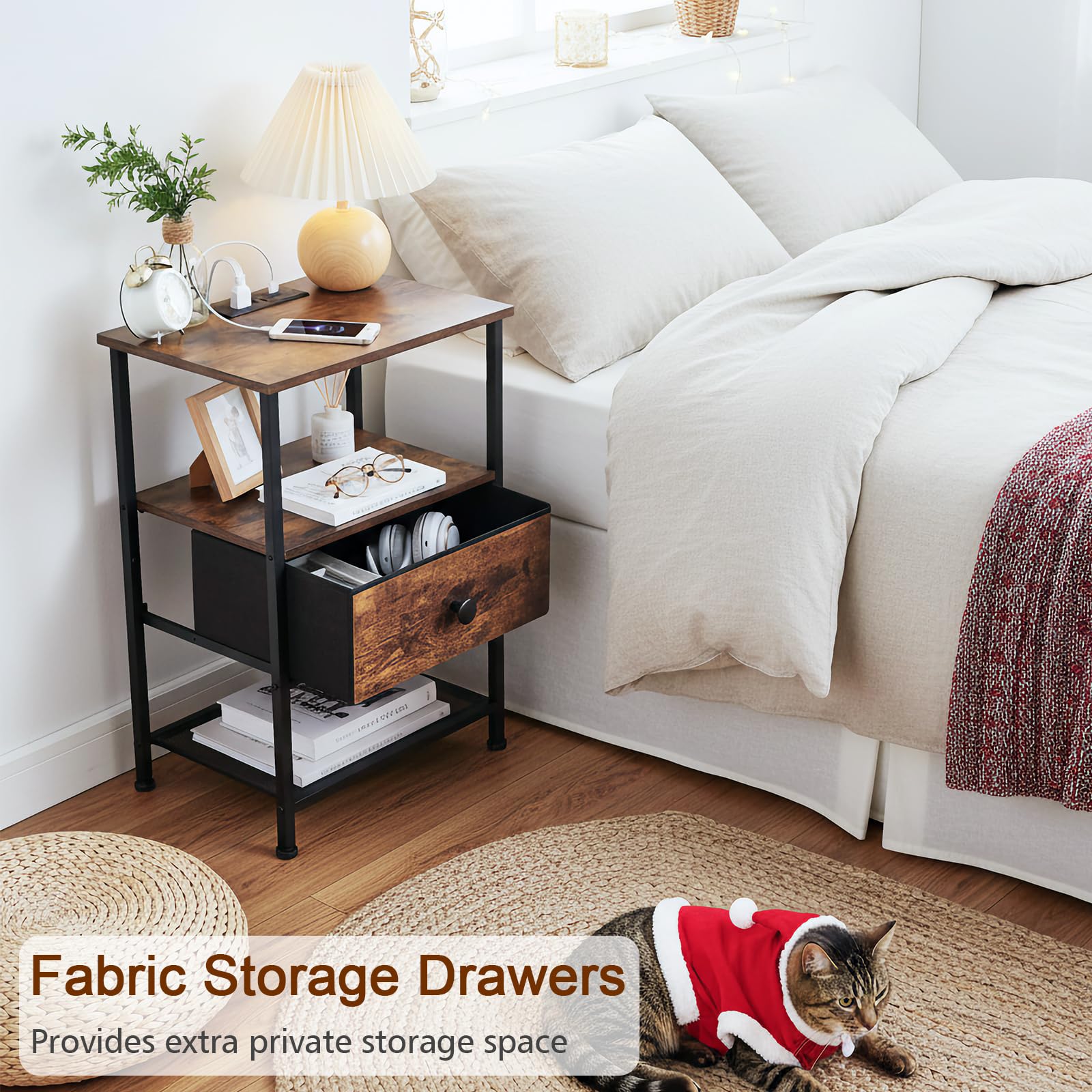 LOAKEKEL Night Stand Set 2, Nightstand with Charging Station, End Tables Living Room with Fabric Drawer for Small Spaces, Bed Side Tables with Storage Shelf for Bedroom, Rustic Brown HETS010PBR