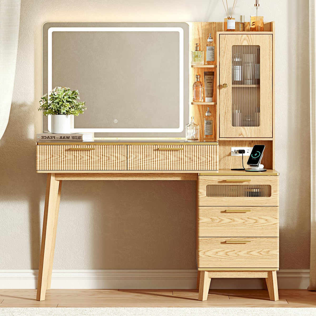 Arulvmrn Vanity Desk with 29.53" HD Lighted Mirror, 47.24" Big Modern Vanity Desk with Mirror and Lights, Makeup Vanity with 5 Drawers and Storage Shelves and Charging Station, Oak