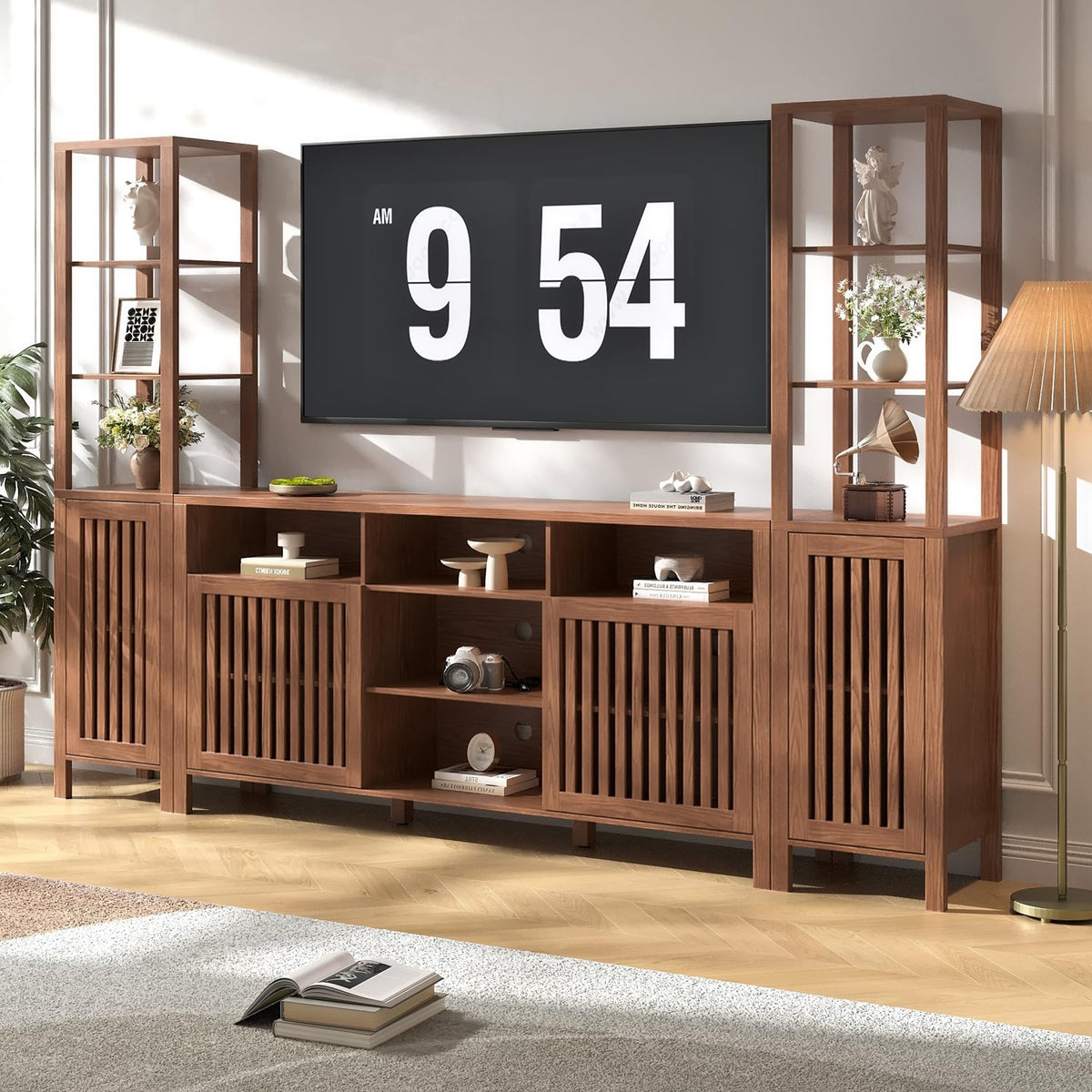Brown Farmhouse TV Stand with Bookshelves