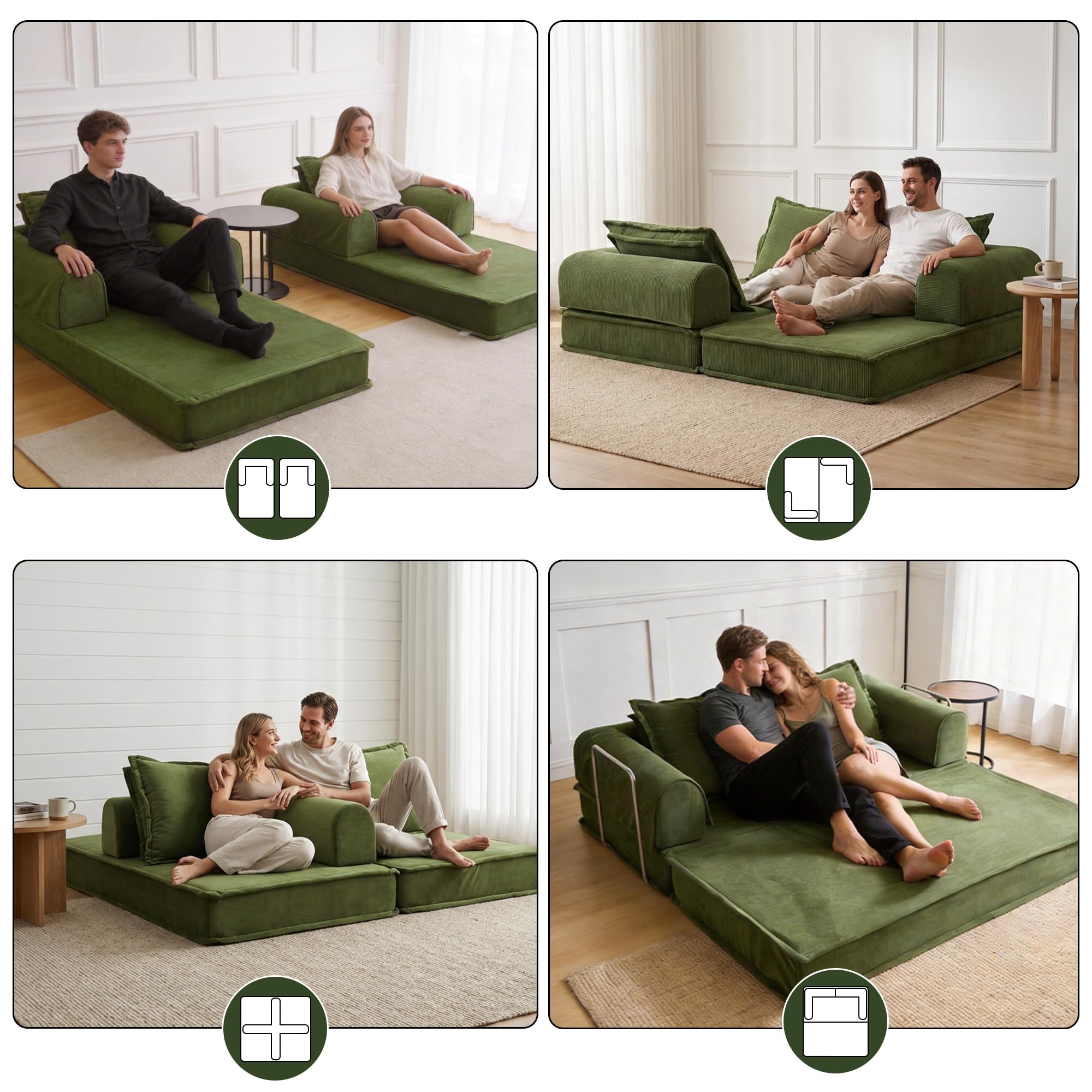 79" Futon Sofa Bed, Convertible Sofa Bed with Fixed-Shape Frame, 5-in-1 Cloud Boneless Couch with Corduroy Cover, Compressed Sleeper Sofa Bed in a Box, Boneless Loveseat Daybed for Living Room Green