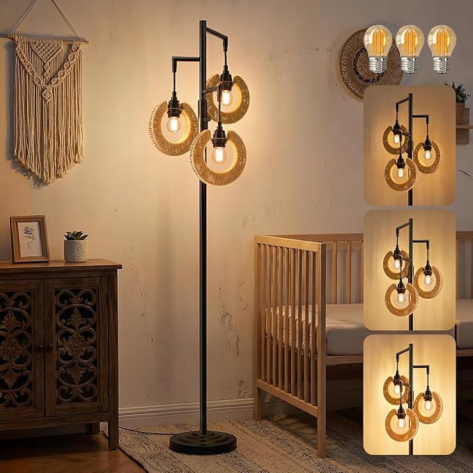 Boho Rattan Floor Lamp with Pull Chain Switch