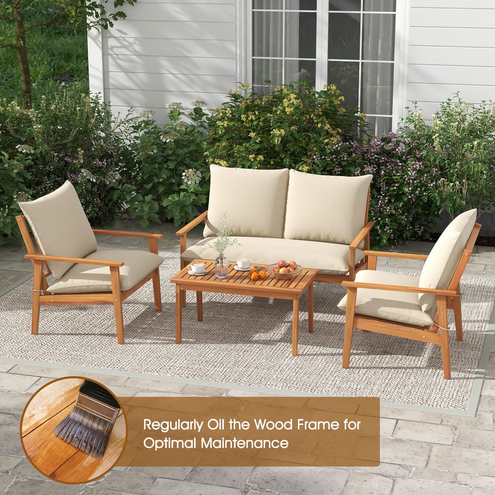 4-Piece Acacia Wood Patio Conversation Set with Cushions