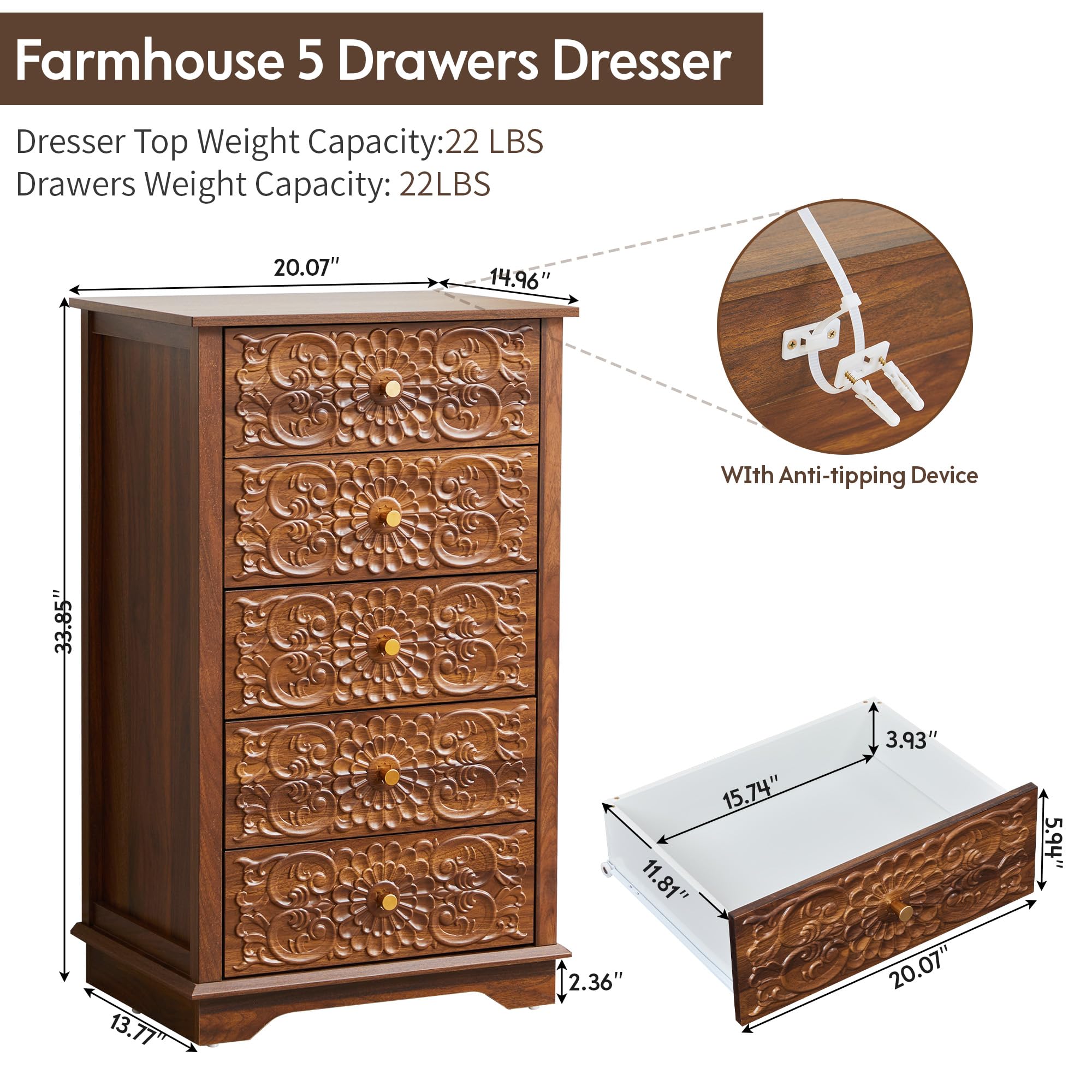 5-Drawer Narrow Dresser with Floral High-Gloss Front