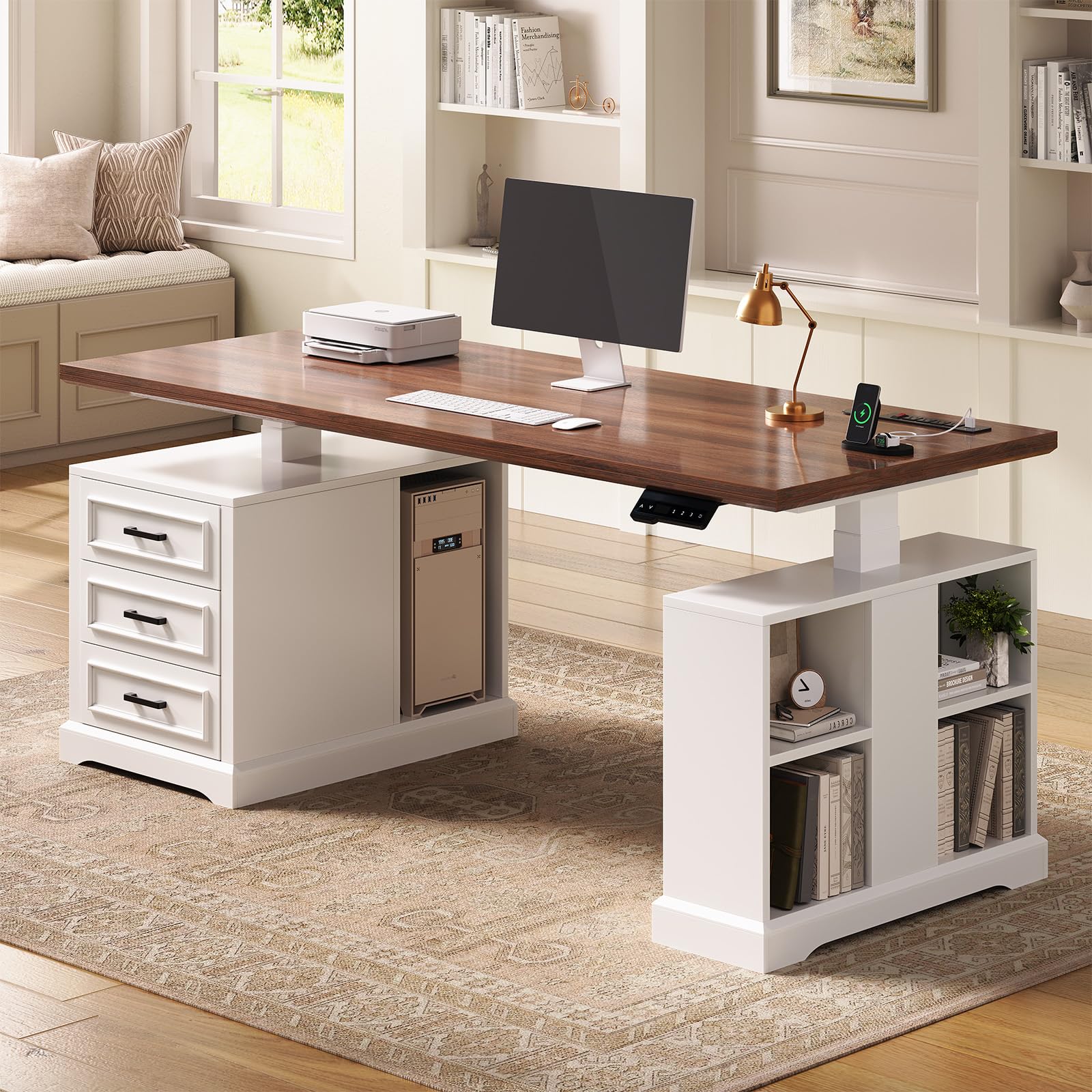 63" Electric Height-Adjustable Standing Desk with Drawers & Power Outlets