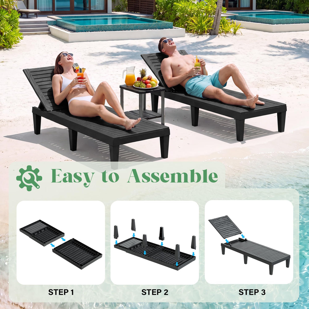 NUNU LAB Outdoor Chaise Lounge Chairs Set, Black and 1 Table, 2pcs