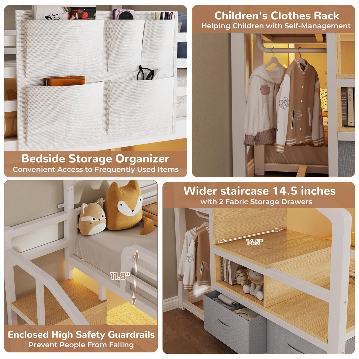 Jocoevol Metal Bunk Bed Twin Over Twin with Storage Staircase, Clothes Rack, LED Twin Bunk Beds for Kids with 2 Storage Drawers, Full-Length Guardrail, No Box Spring Needed, Easy Assembly, White