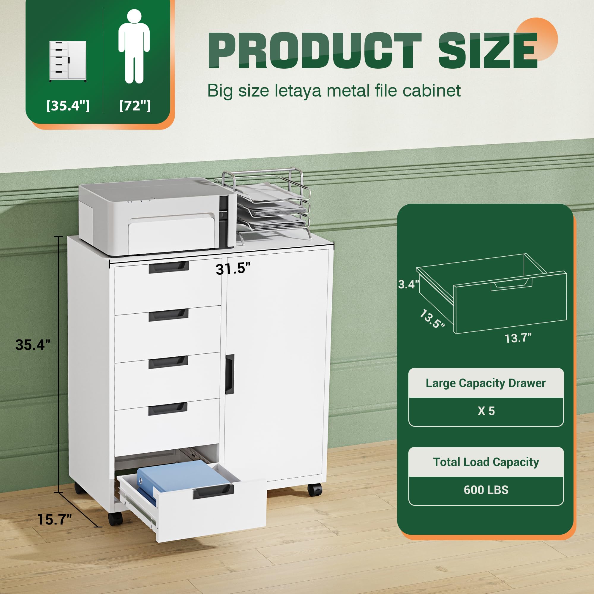 5-Drawer Metal Storage Cabinet with Printer Stand & Shelved Door