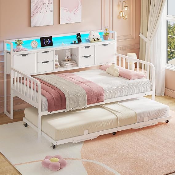 Twin Daybed with Pop-Up Trundle & Storage Headboard