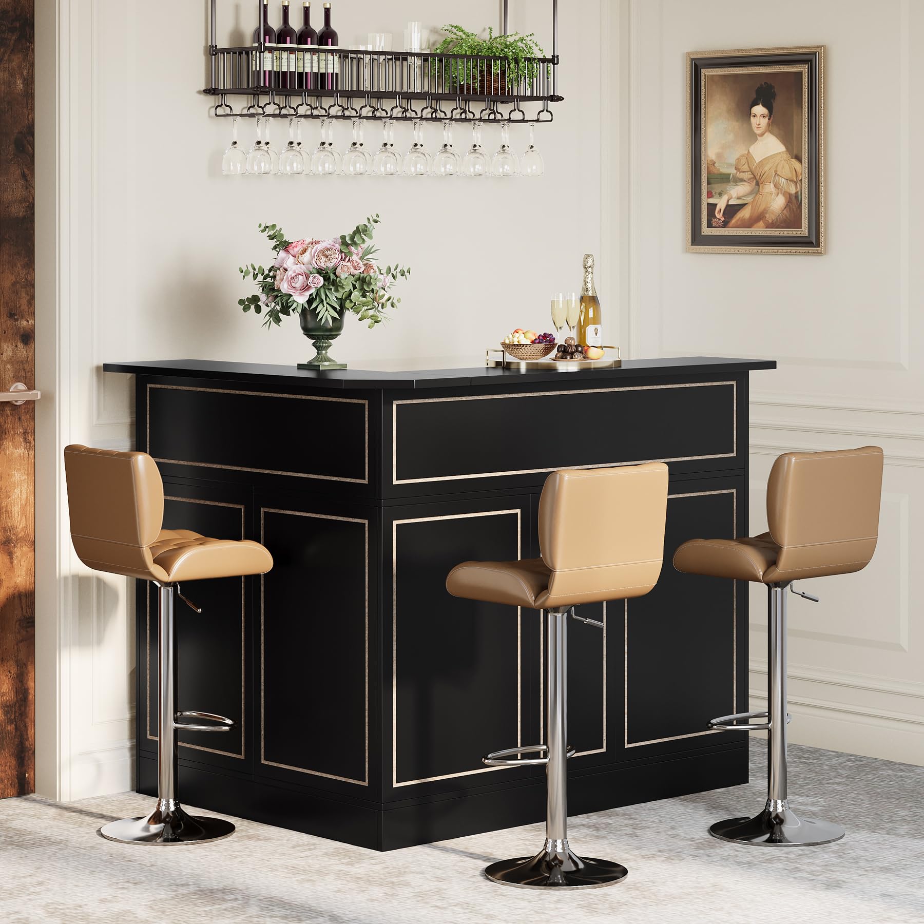 L-Shaped Corner Bar Cabinet with Stemware Racks