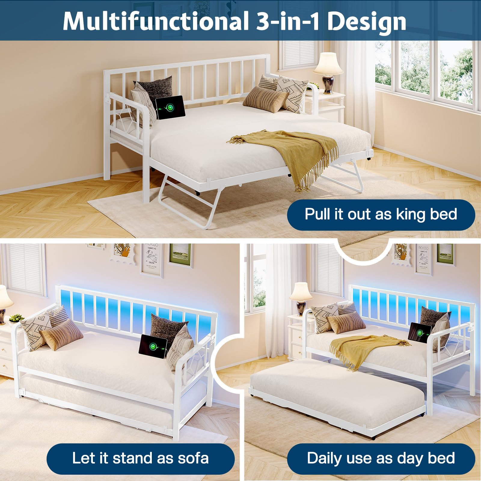 Twin Daybed with Trundle, Charging Station & LED Lights