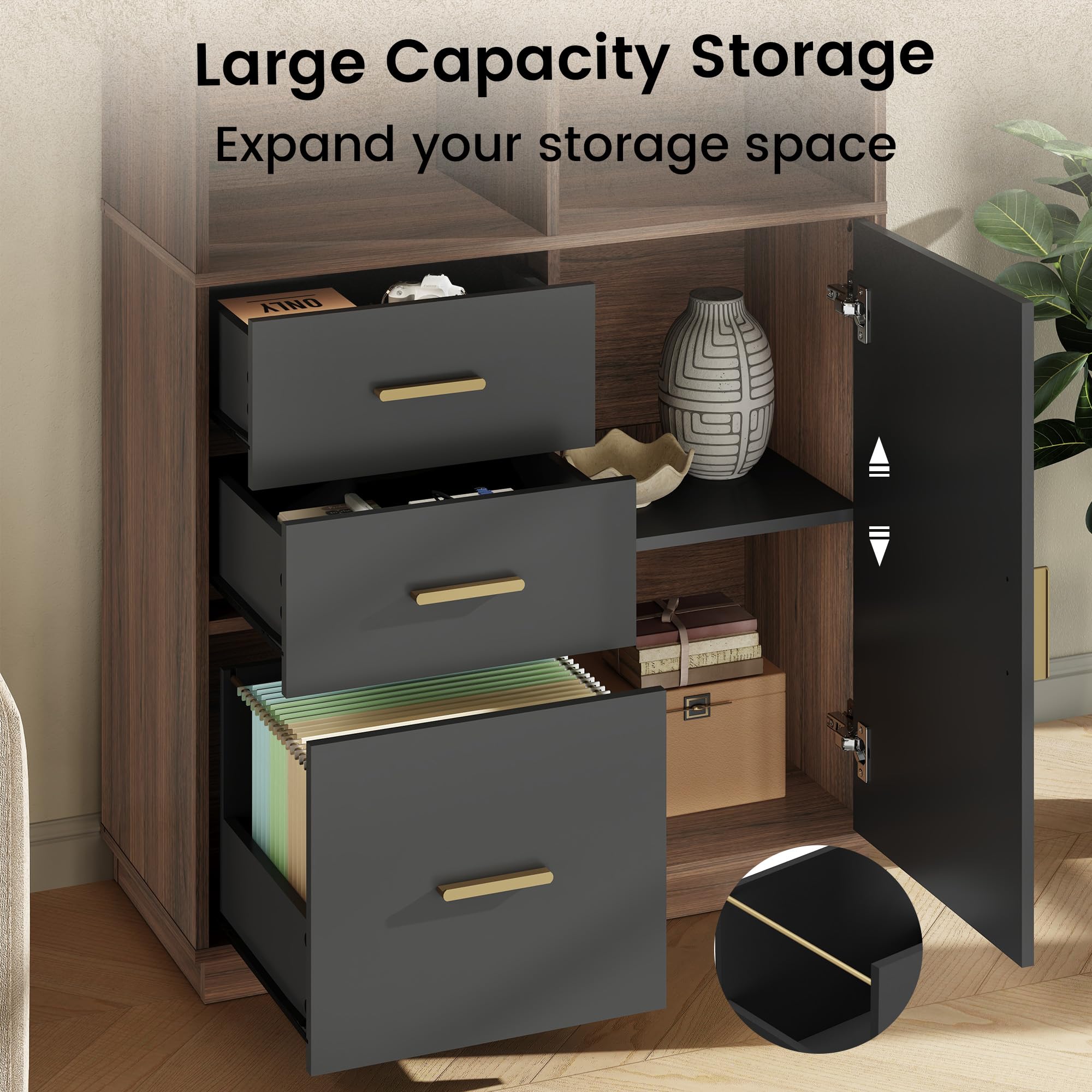74.6" Tall Bookcase with 3 Drawers & Doors, Wood Bookshelf with Open Cubes & Adjustable Shelves, Fits A4 Hanging Files, Modern Free-Standing Bookcase for Home Office, Living Room, Study, Black Walnut