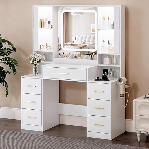 Vanity Desk with Mirror, LED Lights, 7 Drawers & RGB Cabinet Lighting