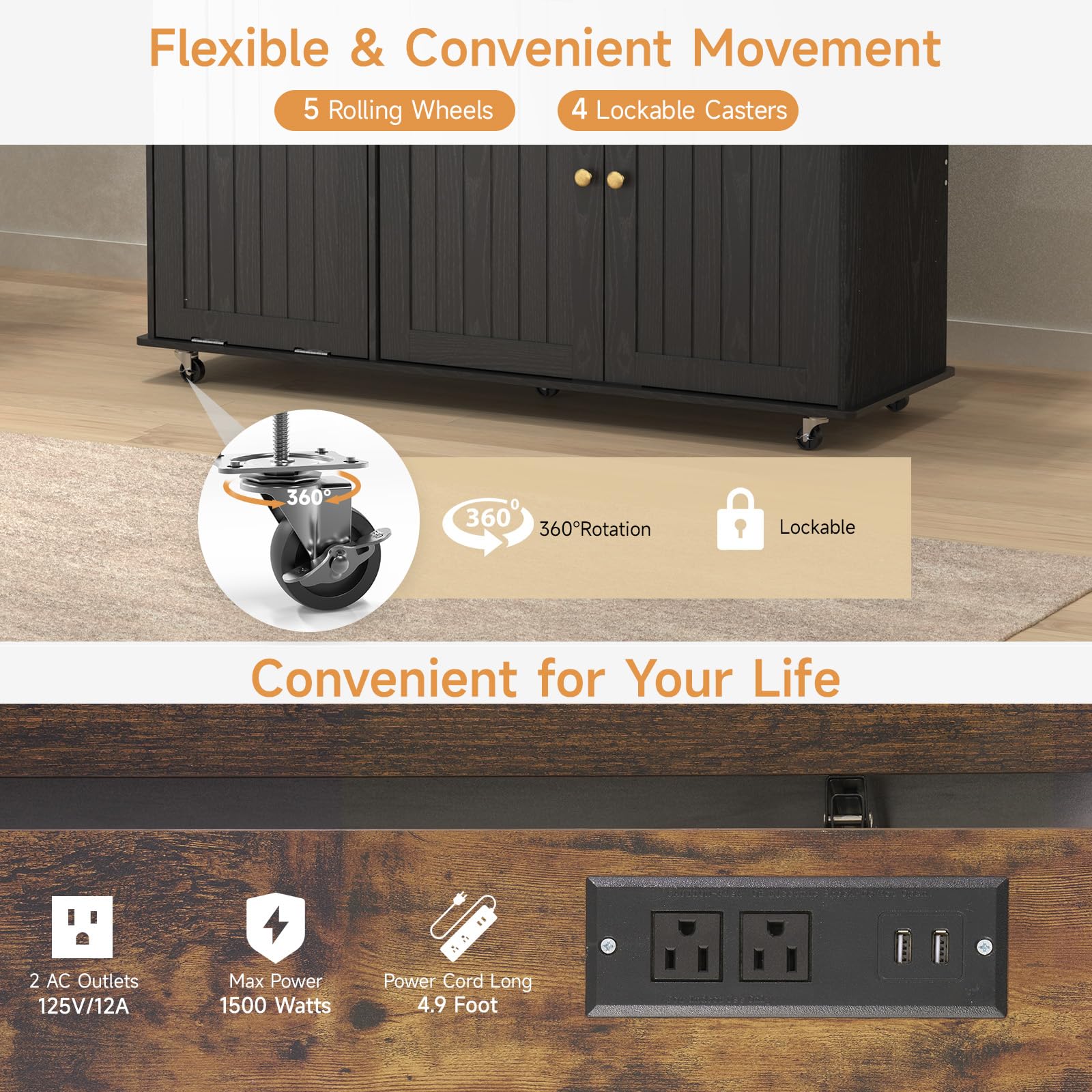 Kitchen Island Cart with Power Outlet & Drop Leaf