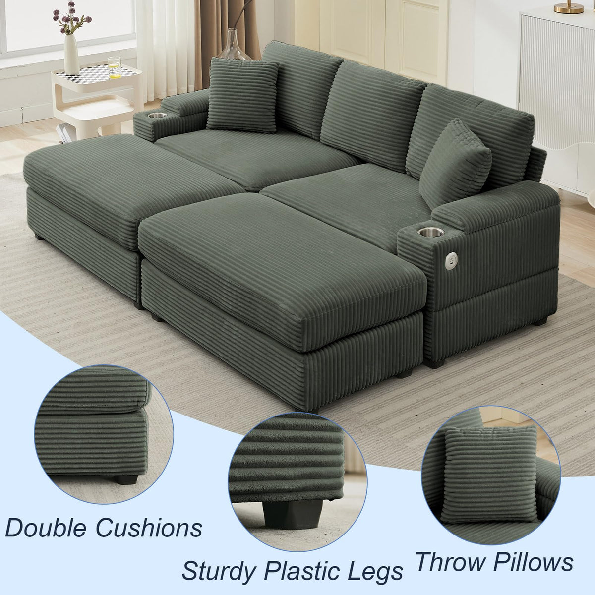 Green Corduroy Modular Sofa with Ottomans