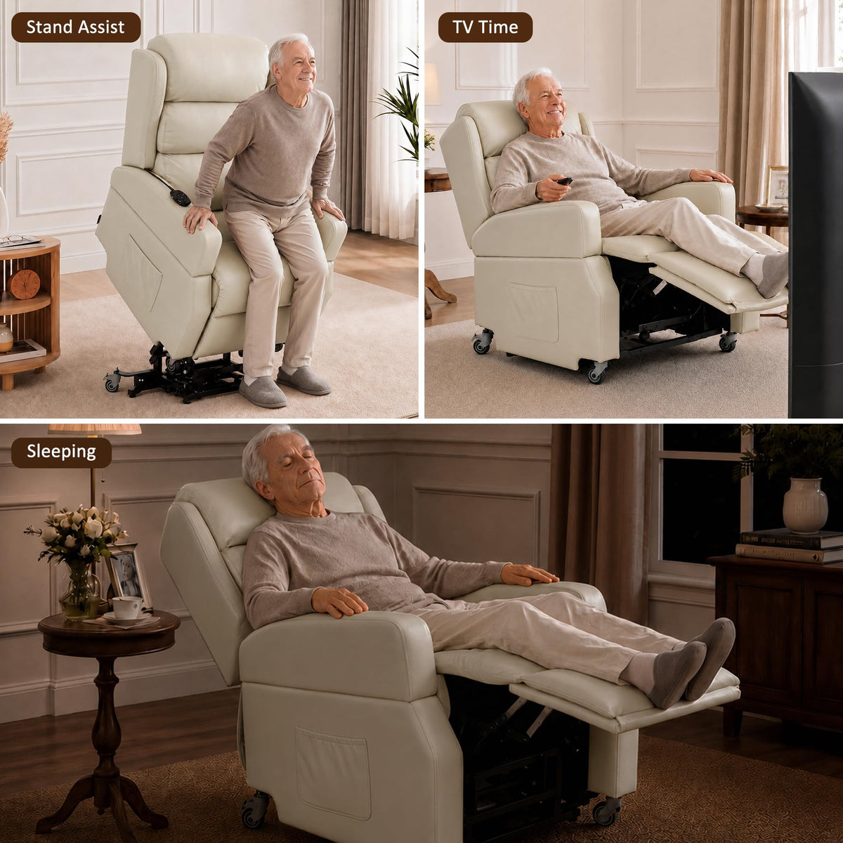 MCombo Power Lift Recliner Chair with Wheels for Elderly 7118 (Cream White)