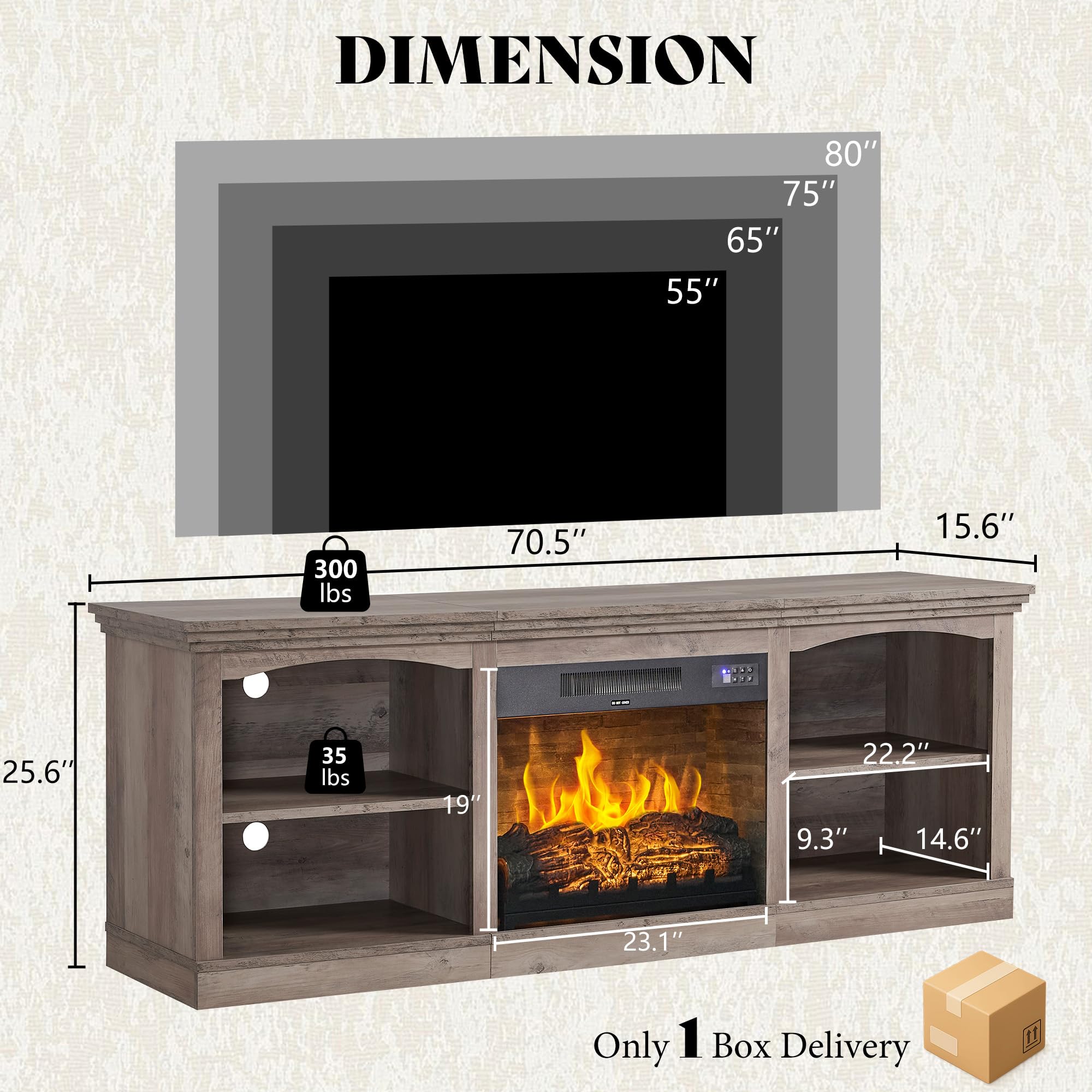70" Fireplace TV Stand with Electric Fireplace & Storage