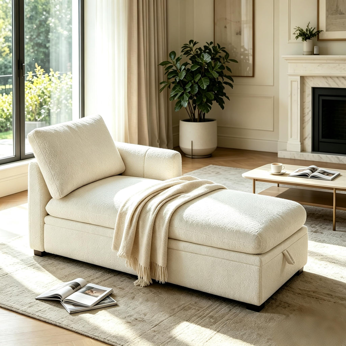 White Boucle Storage Chaise Lounge