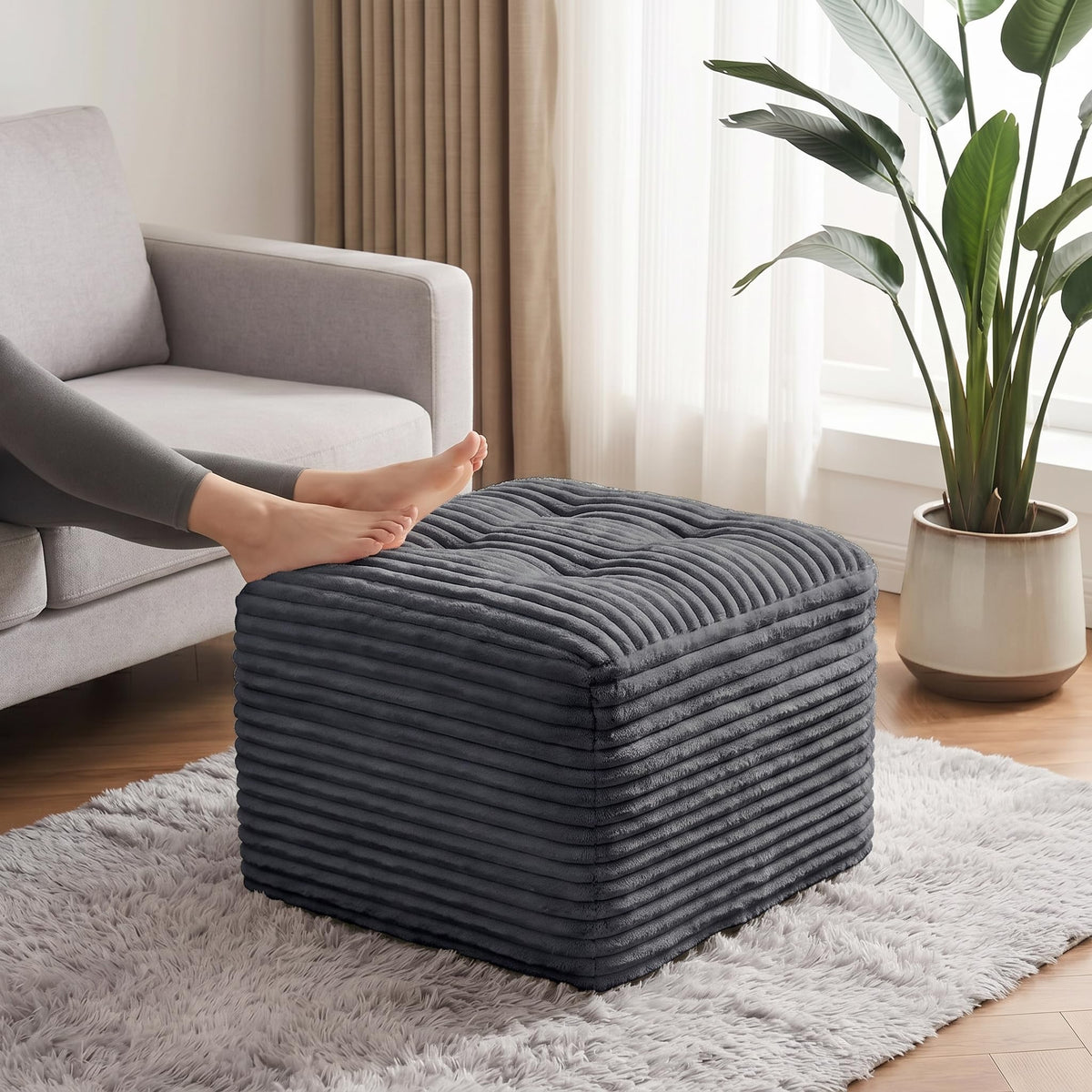 OXVIT 23.6in Pouf Ottoman, Corduroy Ottoman Foot Rest Footstool, Grey