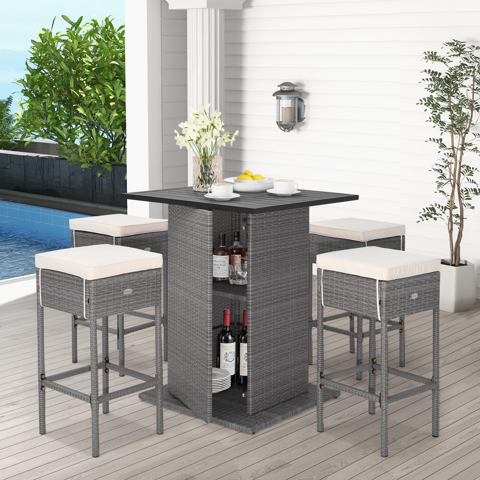 RELAX4LIFE 5-Piece Outdoor Bar Set, Wicker Rattan Bar Height Patio Set w/4 Cushion Bar Stools & Table with Hidden Storage, 5PCS Outdoor High Top Table and Chairs Set for Backyard Poolside (White-Grey)