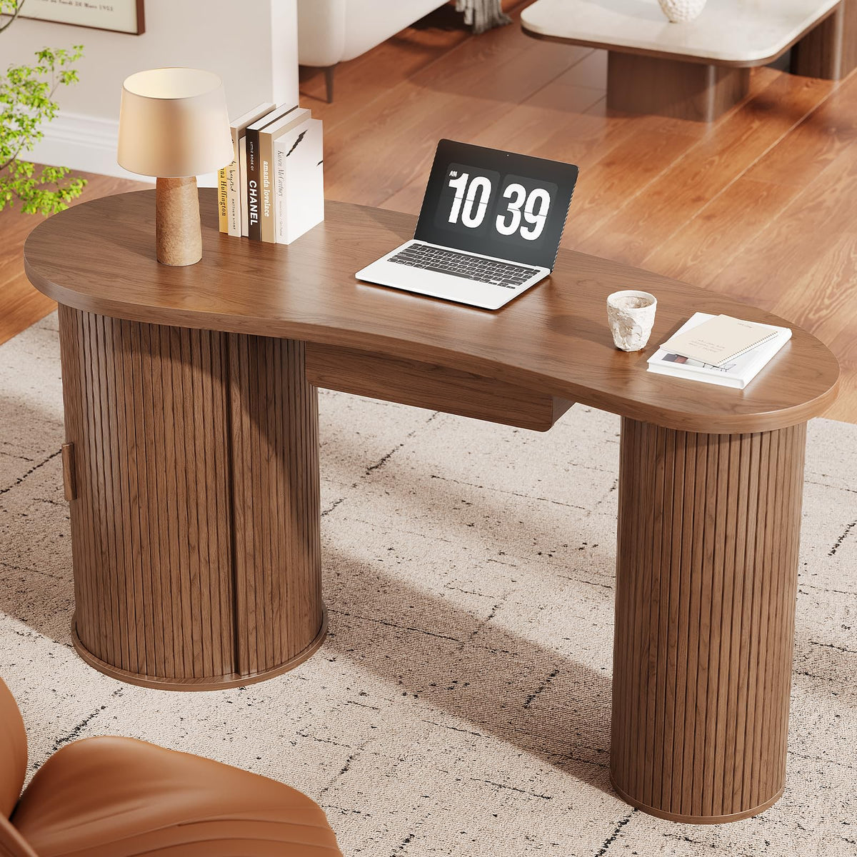 ONBRILL 59 Inches Home Office Desk with Storage, Fluted Corner Desk, Walnut