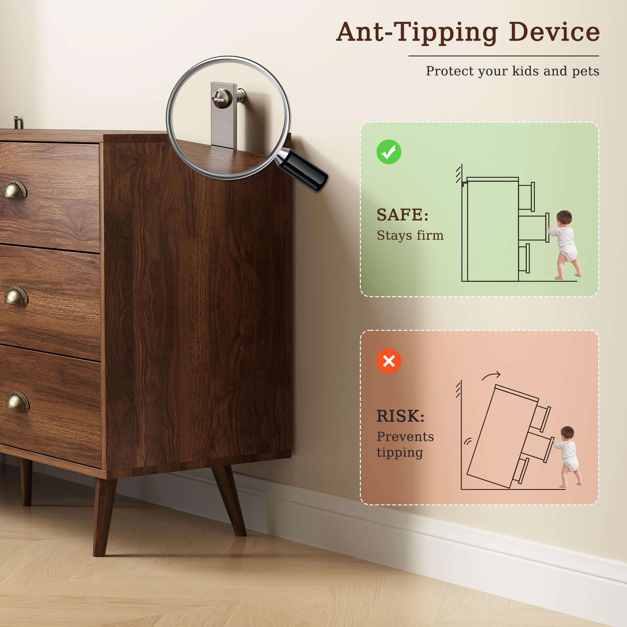 CARPETNAL Walnut Dresser for Bedroom, 6 Drawer Dresser with Wide Drawers and Gold Metal Handles, 47” Wood Dressers & Chests of Drawers for Hallway, Entryway.