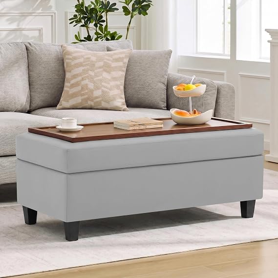 45-Inch Storage Ottoman Bench with Flip-Top Wooden Tray