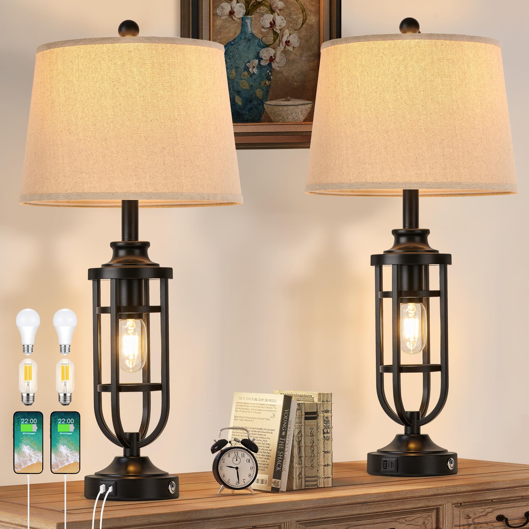 SRJJRS Black Table Lamps for Living Room Set of 2, 28" Farmhouse Lamps for Night Stands with USB A+C, Bedside Table Lamps for Bedroom, Bulbs Included