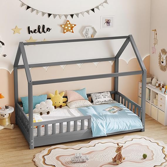 Twin Size Montessori House Bed Frame with Guardrails