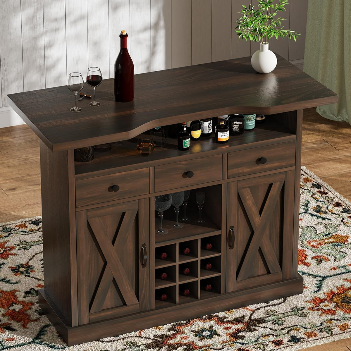 4ever2buy 52 Inch Bar Table, Wine Cabinet with Foot Rail, Dark Oak