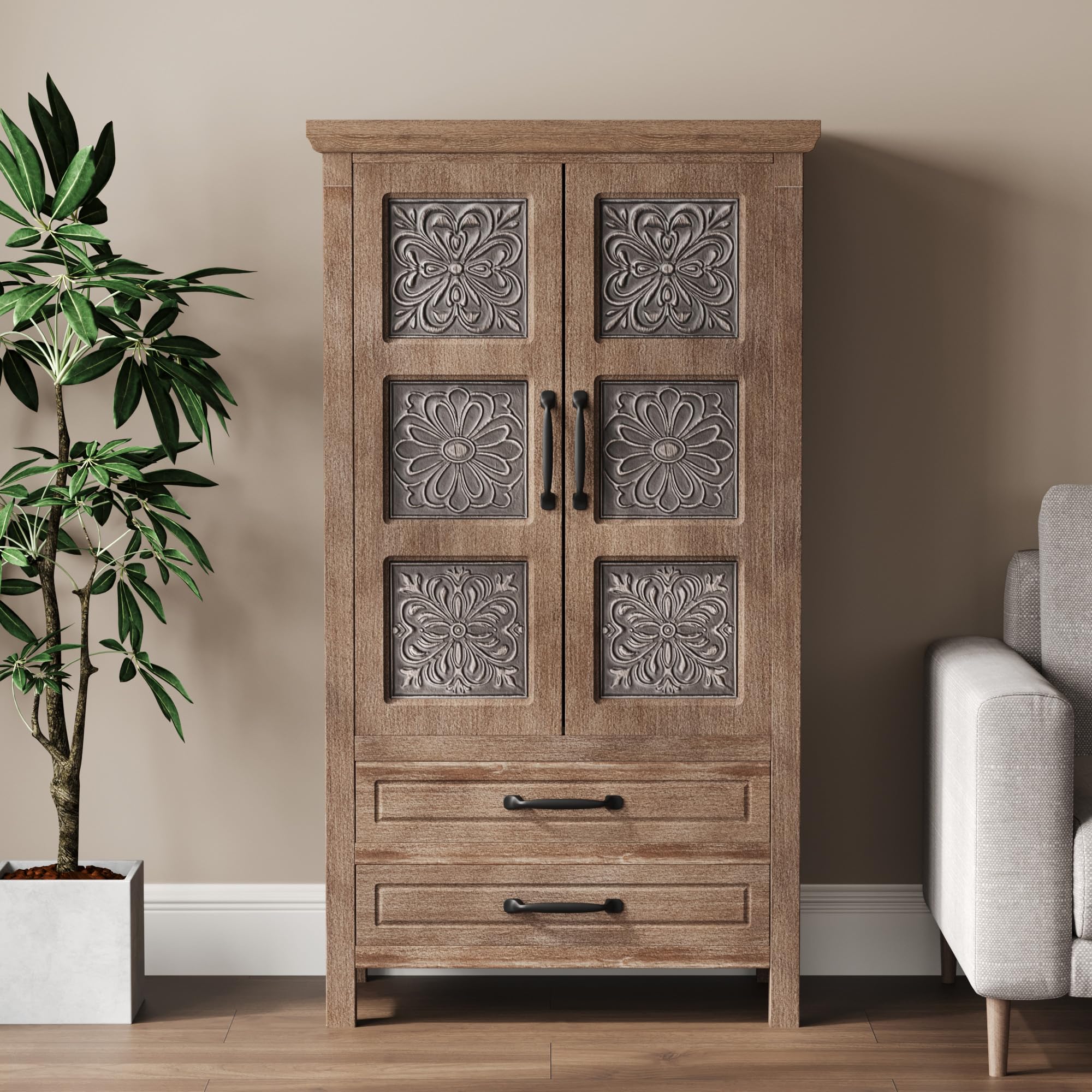 COSIEST 48" Tall Farmhouse Accent Cabinet with Doors and 2 Drawers, Rustic Wood Storage Buffet, Embossed Metal Floral Carving Chest with Adjustable Shelves for Living Room, Entryway, Dining Room