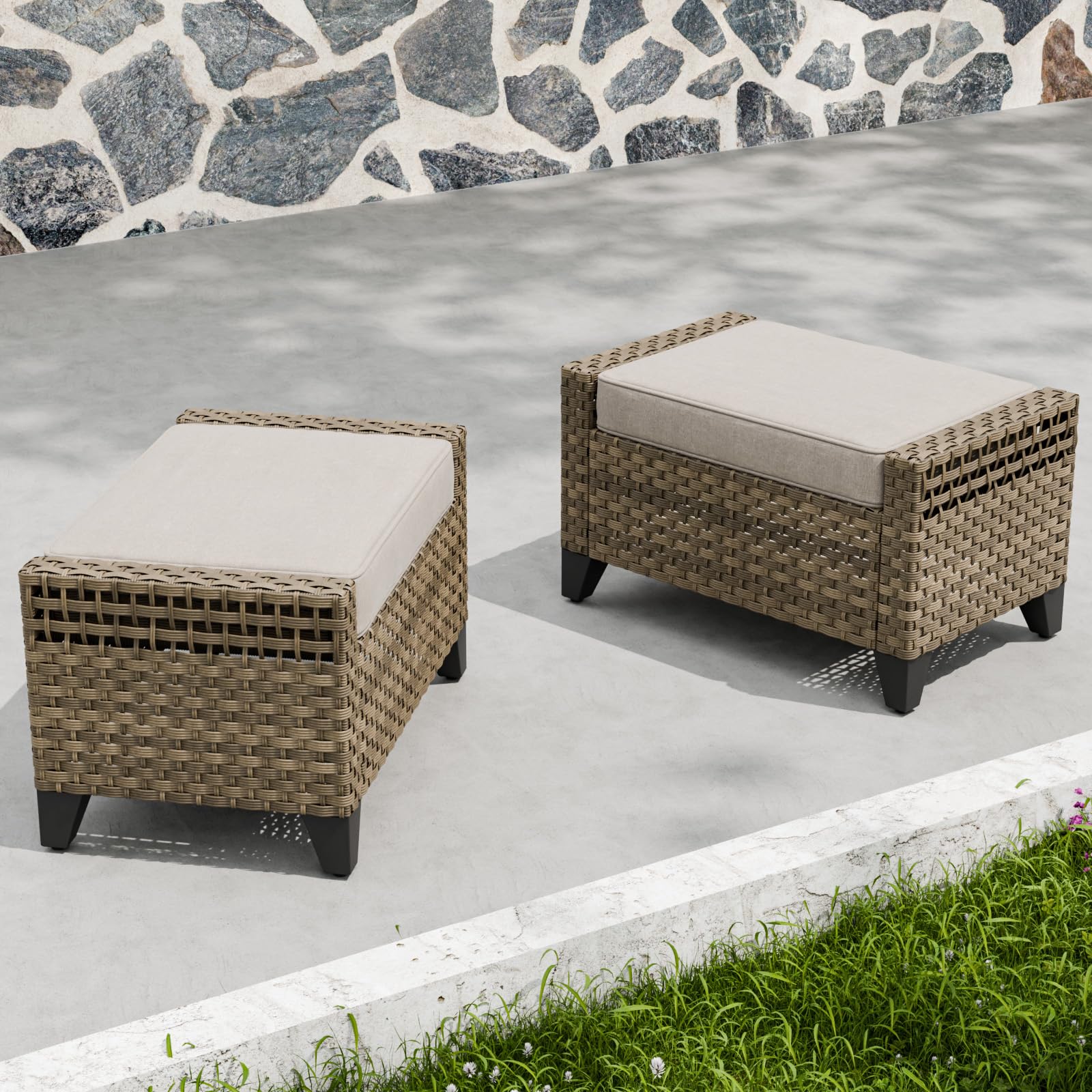 Outdoor Wicker Patio Ottomans Set of 2
