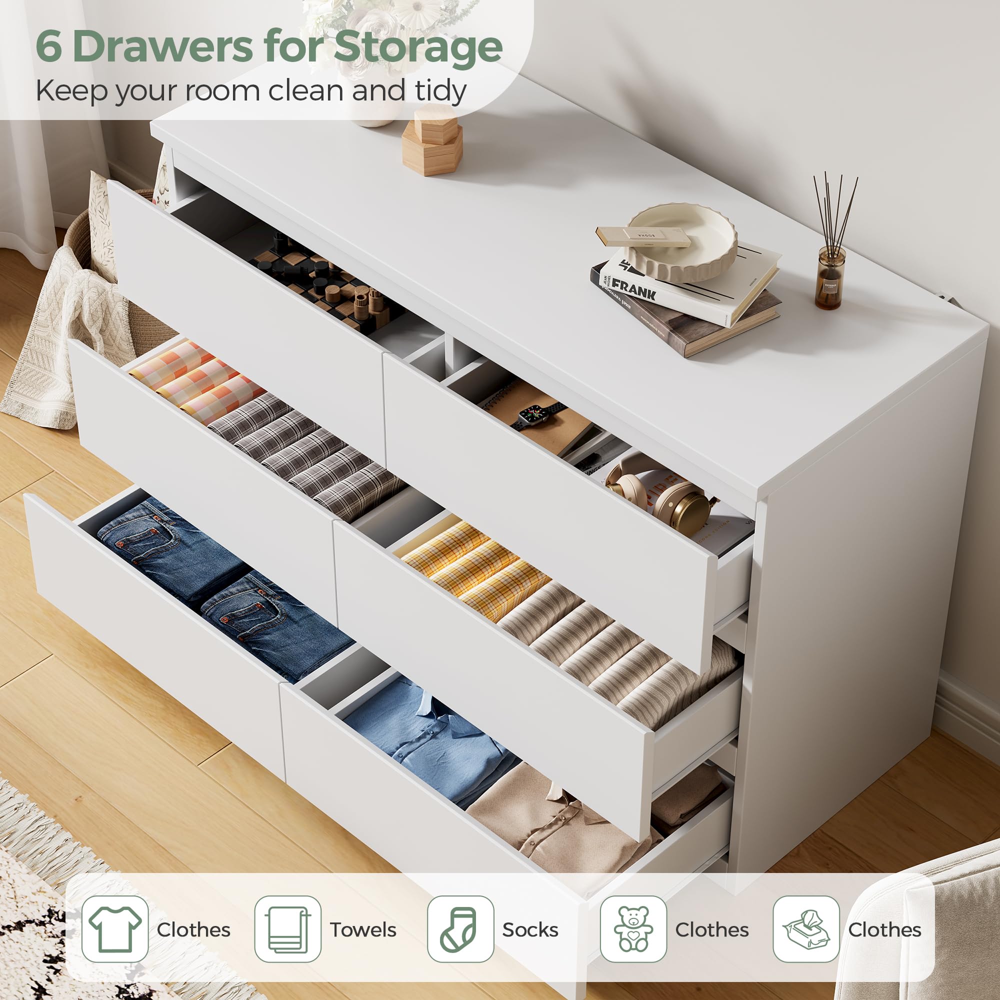 Orgobysol 6 Drawer Double Dresser for Bedroom, Modern Simply Chest of Drawers, Wood Storage Dresser with Anti-Tipping for Living Room Hallway Entryway, Nursy White (15.3" D x 47.2" W x 32.3" H)