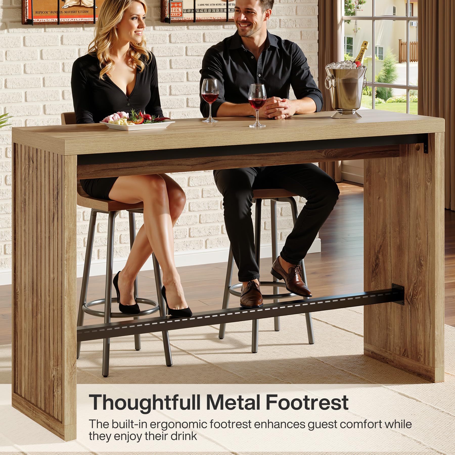Tribesigns Bar Table, 55-Inch Counter Height Pub Table with Metal Footrest, Rectangular High Top Counter Dining Furniture for Home Bar, Kitchen, Dining Room, Bistro, Living Room, Rustic Brown